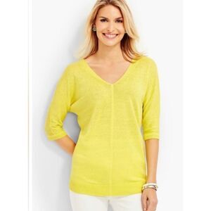 Talbots Women's Linen V-neck Double Knit Yellow Short Sleeve V-neck Top Size S